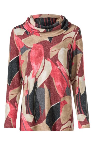 Langärmeliges Shirt in beige, rot, schwarz und weiß mit abstraktem Muster, hoher, weiter Rollkragen, gerade geschnitten