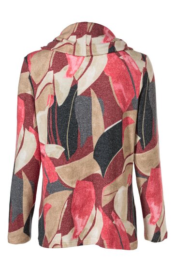 Langärmliges Damenoberteil in Grau, Beige und Rot mit abstraktem Muster, Stehkragen, lockere Passform, gerade geschnitten, hinten gezeigt