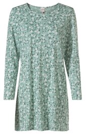 Hellgrüner langärmliger Longpullover mit weißem und dunkelgrünem Blumenmuster, Rundhalsausschnitt, gerade geschnitten