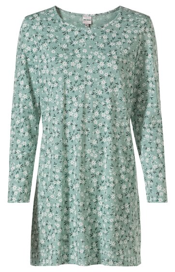 Hellgrüner langärmliger Longpullover mit weißem und dunkelgrünem Blumenmuster, Rundhalsausschnitt, gerade geschnitten