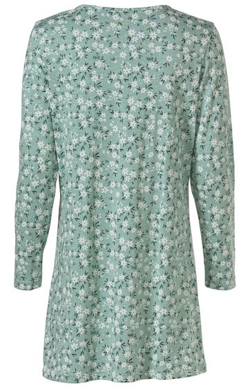Langärmeliges Kleid in mintgrün mit weißem Blumenmuster, Rundhalsausschnitt, gerade geschnitten, knieumspielende Länge