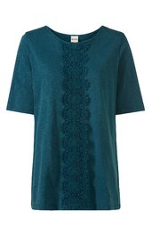 Dunkelgrünes Damen-T-Shirt, kurzer Arm, Rundhalsausschnitt, mittig vertikale Spitzenborte mit floralem Muster, gerade geschnitten