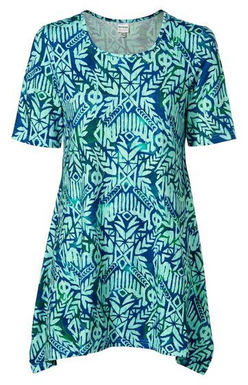 Tunika in blau und türkis mit geometrischem Muster, Rundhalsausschnitt, kurze Ärmel, lockere Passform, seitliche Zipfelnähte