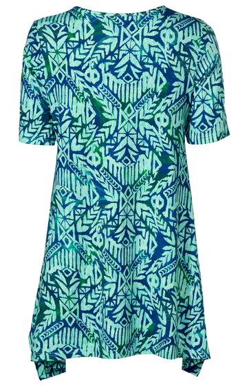 Oberteil für Damen in Blau und Grün mit geometrischem Muster, kurze Ärmel, Rundhalsausschnitt, lockere Passform, asymmetrischer Saum