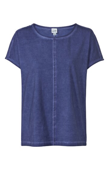 Kurzärmeliges T-Shirt in blau, rundhalsausschnitt, zentrale Naht vorne, schlichtes Design, lockere Passform