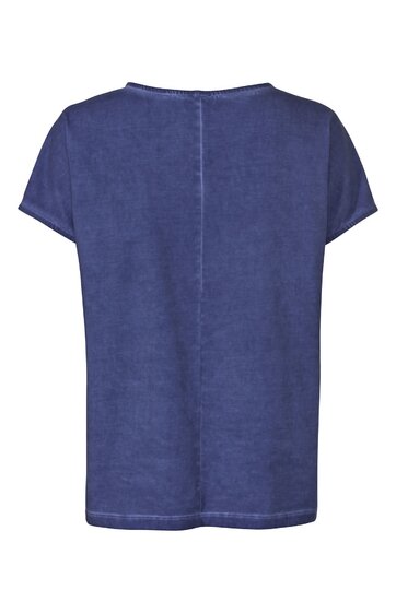 Dunkelblaues T-Shirt ohne Muster, kurzärmlig, gerader Schnitt, Rundhalsausschnitt, sichtbare Naht in der Mitte hinten