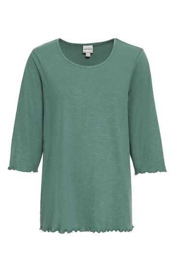 Langärmliges Damenoberteil in mattem salbeigrün, gerade geschnitten, Rundhalsausschnitt, leicht gewellter Saum an Ärmeln und Bund