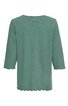 Damenoberteil in salbeigrün, ohne Muster, Rundhalsausschnitt, 3/4-lange Ärmel, gerader Schnitt, zarte Rüschenkante an Ärmeln und Saum