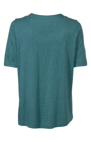 Unifarbenes T-Shirt in türkisgrün, kurzärmelig, Rundhalsausschnitt, gerade geschnitten, ohne Muster, flach liegend dargestellt