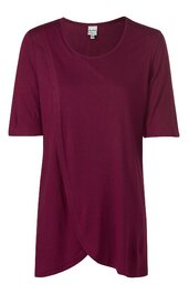 Damenoberteil in dunklem Weinrot, asymmetrischer Wickel-Look mit überlappendem Vordereinsatz, Rundhalsausschnitt, halblange Ärmel, gerade geschnittener Saum