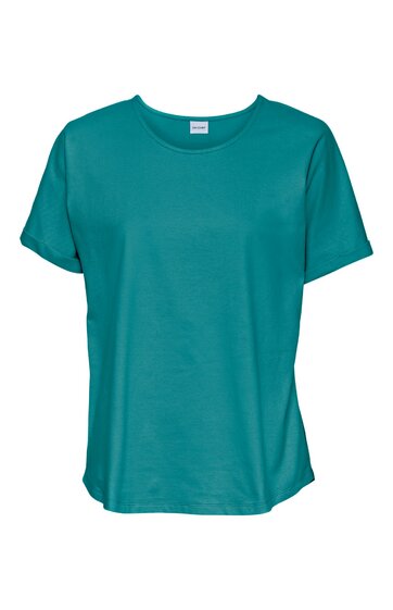 T-Shirt in petrolfarben, einfarbig, Rundhalsausschnitt, kurze Ärmel, gerade Form, ohne sichtbare Muster oder Verzierungen