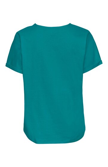 Türkisfarbenes T-Shirt, kurzärmlig, rundhalsausschnitt, gerade Passform, Rückansicht ohne Muster oder Aufdruck
