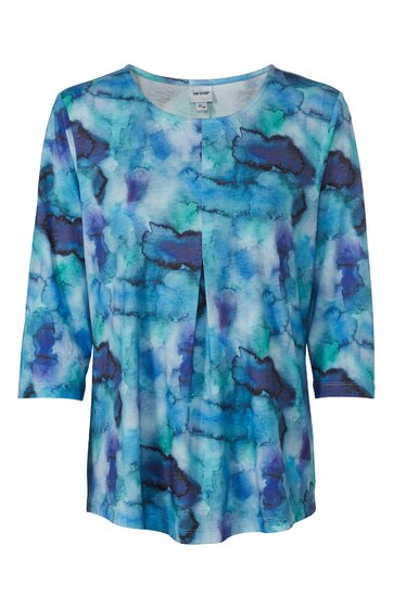 Damenoberteil in Blautönen mit abstraktem Aquarellmuster, Rundhalsausschnitt, 3/4-Ärmel, lockere Passform
