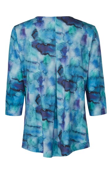 Blau-grün gemusterte Bluse mit abstraktem Design, 3/4-langen Ärmeln, Rundhalsausschnitt, gerade geschnitten