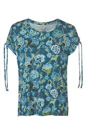Damen-T-Shirt, blau mit floralem Muster in Hellblau, Weiß und Gelb, kurzer Ärmel mit Kordelzug und Schleife, Rundhalsausschnitt, gerade geschnitten