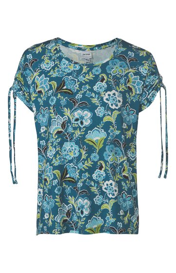 Damen-T-Shirt, blau mit floralem Muster in Hellblau, Weiß und Gelb, kurzer Ärmel mit Kordelzug und Schleife, Rundhalsausschnitt, gerade geschnitten