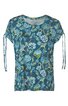 Damen-T-Shirt, blau mit floralem Muster in Hellblau, Weiß und Gelb, kurzer Ärmel mit Kordelzug und Schleife, Rundhalsausschnitt, gerade geschnitten