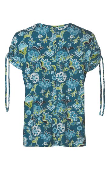 Dunkelblaue Bluse mit Blumenmuster in Hellblau, Weiß und Grün, kurzer Ärmel mit Bindebändern, Rundhalsausschnitt, gerade geschnitten