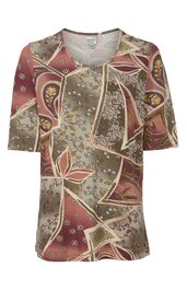 Damen-shirt in rotbraun, beige und grün mit abstraktem Muster, kurzärmlig, Rundhalsausschnitt, lockere Passform