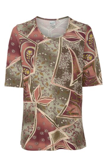 Damen-shirt in rotbraun, beige und grün mit abstraktem Muster, kurzärmlig, Rundhalsausschnitt, lockere Passform