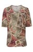 Damen-shirt in rotbraun, beige und grün mit abstraktem Muster, kurzärmlig, Rundhalsausschnitt, lockere Passform
