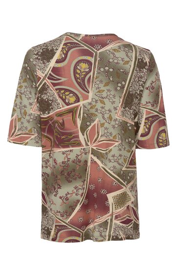 Kurzärmeliges Hemd in Beige und Burgunderrot mit abstraktem Patchwork-Muster, Rundhalsausschnitt, lockere Passform