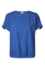 Damenbluse in königsblau, einfarbig, Rundhalsausschnitt, kurze Ärmel mit kleiner Schulterfalte, gerade geschnitten, elastischer Saum