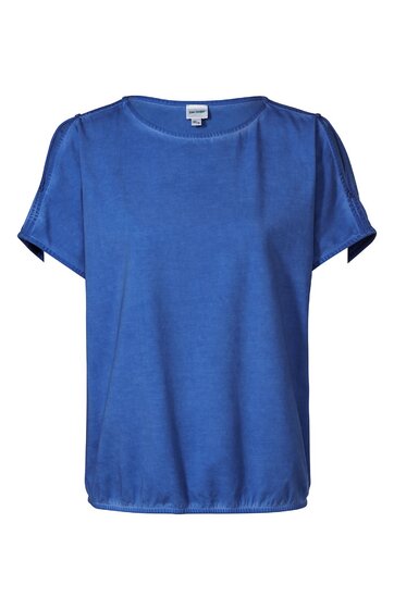 Damenbluse in königsblau, einfarbig, Rundhalsausschnitt, kurze Ärmel mit kleiner Schulterfalte, gerade geschnitten, elastischer Saum