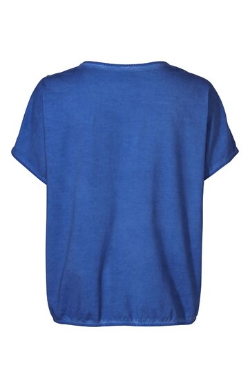 Blaues Kurzarmshirt, unifarben, Rundhalsausschnitt, gerade geschnitten, leichte Überschnittenärmel, lockere Passform