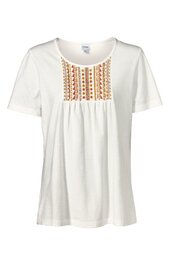 Weißes Damen-T-Shirt mit kurzem Ärmel, auf Brust mittig besticktes quadratisches Muster in Rot, Orange und Braun, Rundhalsausschnitt, leicht ausgestellte Form