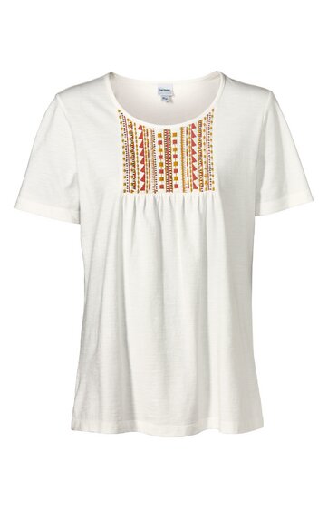 Weißes Damen-T-Shirt mit kurzem Ärmel, auf Brust mittig besticktes quadratisches Muster in Rot, Orange und Braun, Rundhalsausschnitt, leicht ausgestellte Form
