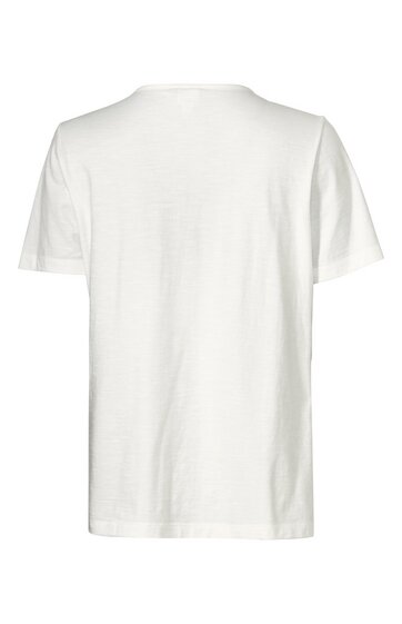 Weißes T-Shirt, einfarbig, kurzärmlig, Rundhalsausschnitt, gerade geschnitten, Rückansicht