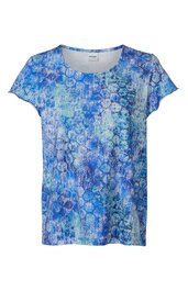 Kurzärmeliges T-Shirt, vorwiegend hellblau mit orangefarbenem Punktmuster, Rundhalsausschnitt, gerade geschnitten