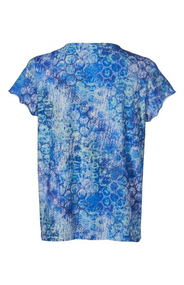 Kurzärmeliges T-Shirt in Blau und Hellblau mit abstraktem Muster, Rundhalsausschnitt, gerade geschnitten