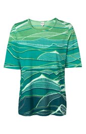 Kurzärmeliges T-Shirt in verschiedenen Grüntönen mit abstraktem wellenförmigem Muster, Rundhalsausschnitt, gerade geschnitten