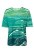 Kurzärmeliges T-Shirt in verschiedenen Grüntönen mit abstraktem wellenförmigem Muster, Rundhalsausschnitt, gerade geschnitten
