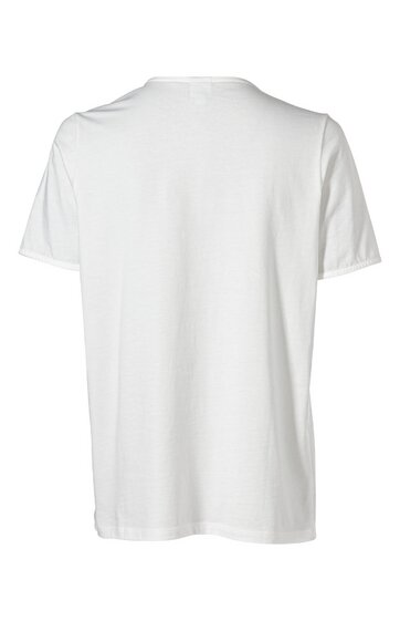 Weißes T-Shirt, kurzärmlig, Rundhalsausschnitt, gerade geschnitten, Rückseite des Shirts sichtbar