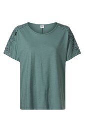 Grünes Damen-T-Shirt mit kurzen Ärmeln, Spitzenbesatz an den Schultern, rundem Ausschnitt, gerade geschnitten
