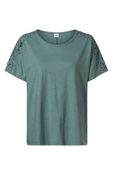 Grünes Damen-T-Shirt mit kurzen Ärmeln, Spitzenbesatz an den Schultern, rundem Ausschnitt, gerade geschnitten