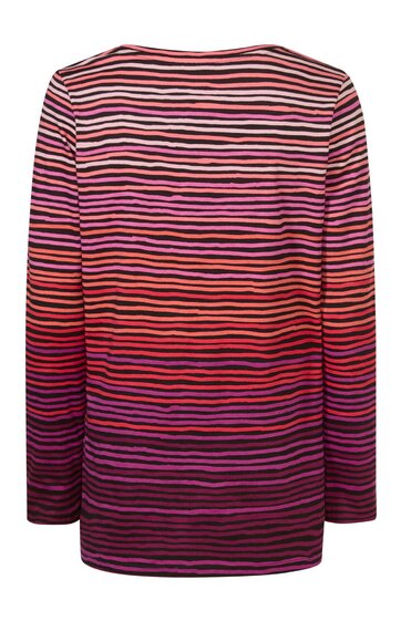 Langärmliges Oberteil in Rot- und Violetttönen mit horizontalen, dünnen Streifen, Rundhalsausschnitt, gerade geschnitten, Rückansicht