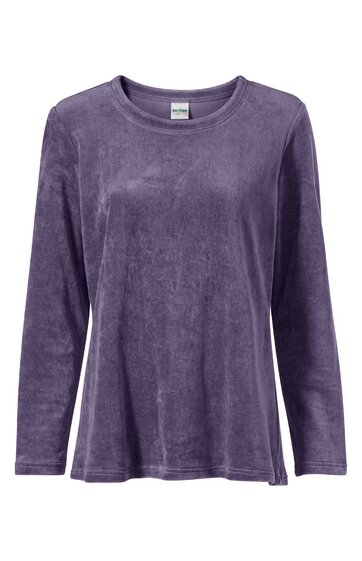 Langarmshirt in dunkellila, unifarben, Rundhalsausschnitt, gerade geschnitten, locker fallend