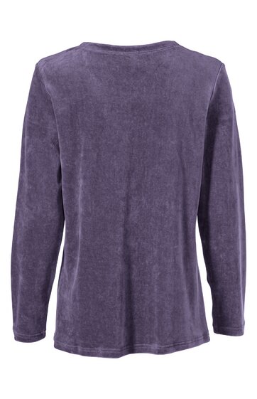 Langärmeliges Damenoberteil in dunkellila, einfarbig, Rundhalsausschnitt, gerade geschnitten, hinten gezeigt