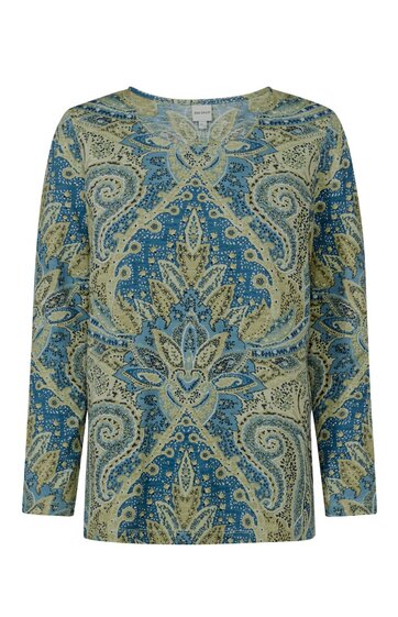 Langärmliges Damenoberteil in Blau mit grünem Paisleymuster, V-Ausschnitt, gerade geschnitten