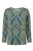 Langärmliges Damenoberteil in Blau mit grünem Paisleymuster, V-Ausschnitt, gerade geschnitten