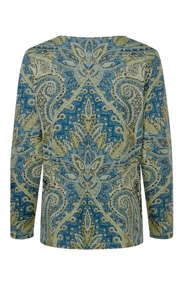 Langärmliges Oberteil, blau, beige und olivgrün, Paisley-Muster, Rundhals, lockere Passform
