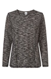 Langärmliges Sportshirt in dunkelgrau mit hellgrauen Streifen, Rundhalsausschnitt, figurbetonte Form, leichte Nahtlinien, ohne Verschluss
