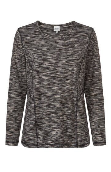 Langärmliges Sportshirt in dunkelgrau mit hellgrauen Streifen, Rundhalsausschnitt, figurbetonte Form, leichte Nahtlinien, ohne Verschluss