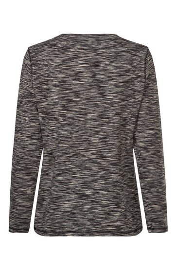Langärmliges Shirt in grauem Melange-Muster, Rundhalsausschnitt, gerade geschnitten, ohne weitere sichtbare Details