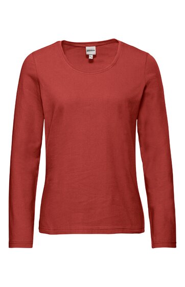 Langärmliges Shirt in rostrot, rundhals, gerade geschnitten, ohne Muster, einfache Kanten