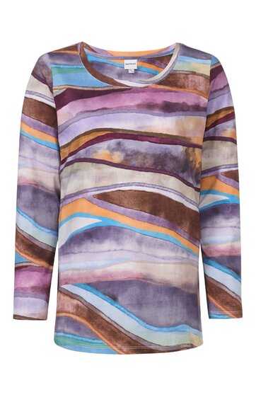 Langärmeliges Damenoberteil mit rundem Ausschnitt, abstraktes Muster in Violett, Braun, Blau und Orange, gerade geschnitten, ohne weitere sichtbare Details
